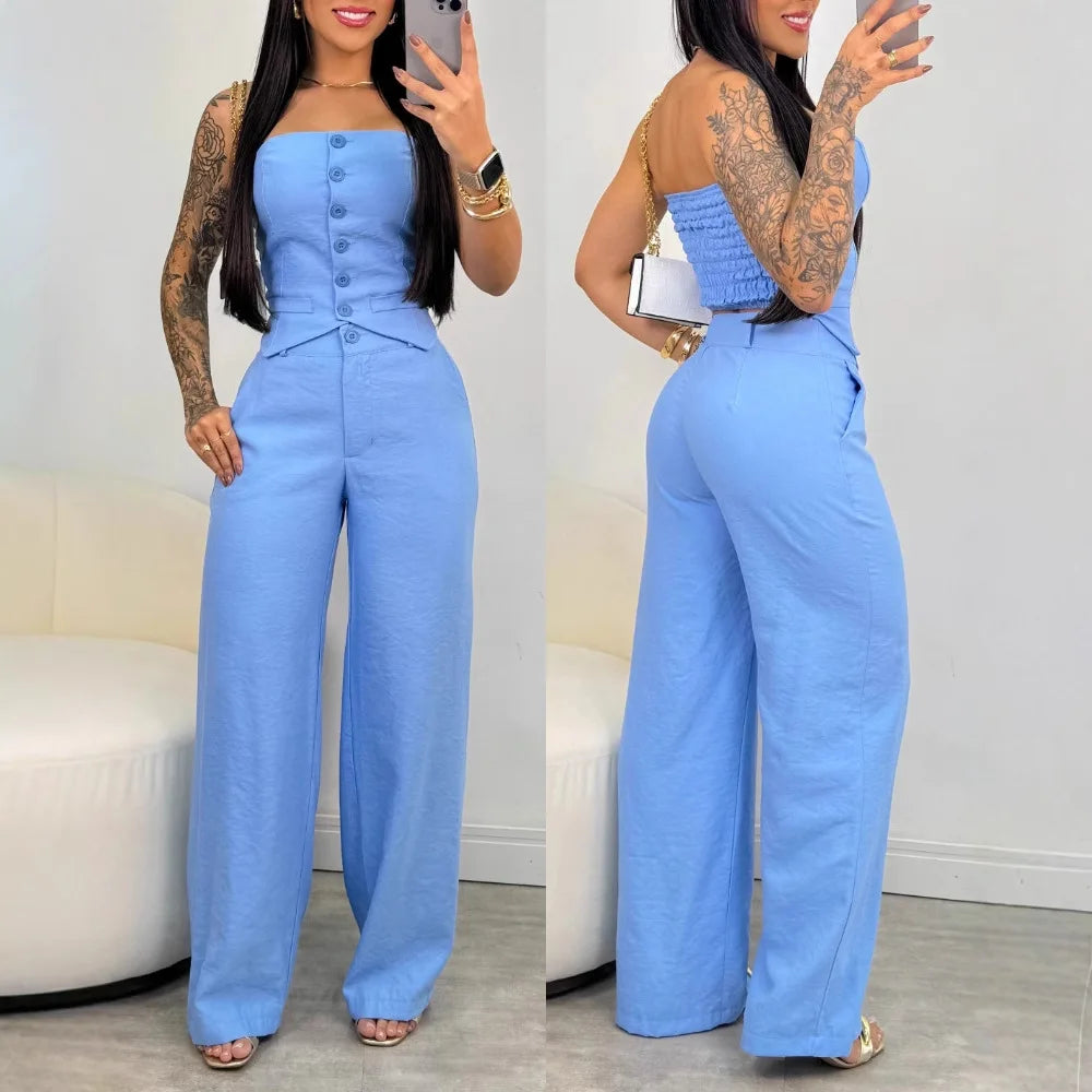 Conjunto Blusa Tomara que Caia e Calça Pantalona Gabrielle