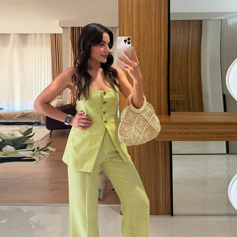 Conjunto Feminino em Linho ''Lime Eleganc” – Moderno, Leve e Sofisticado