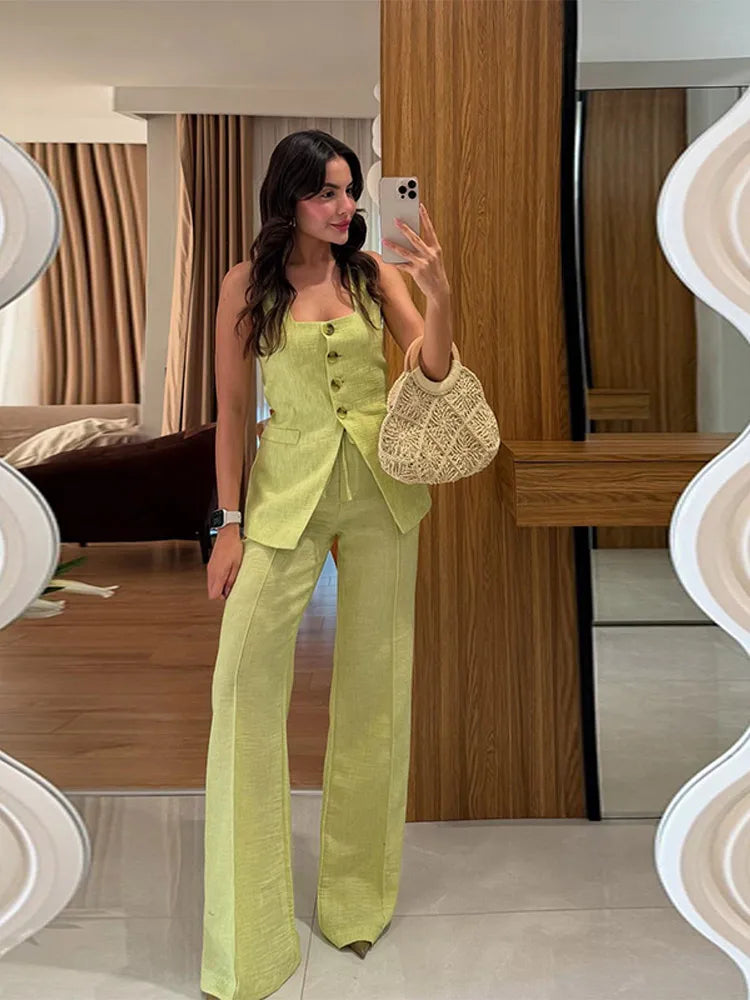 Conjunto Feminino em Linho ''Lime Eleganc” – Moderno, Leve e Sofisticado