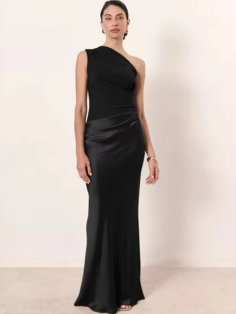 Vestido Feminino Longo Slim – Elegância com Cetim e Modelagem Moderna