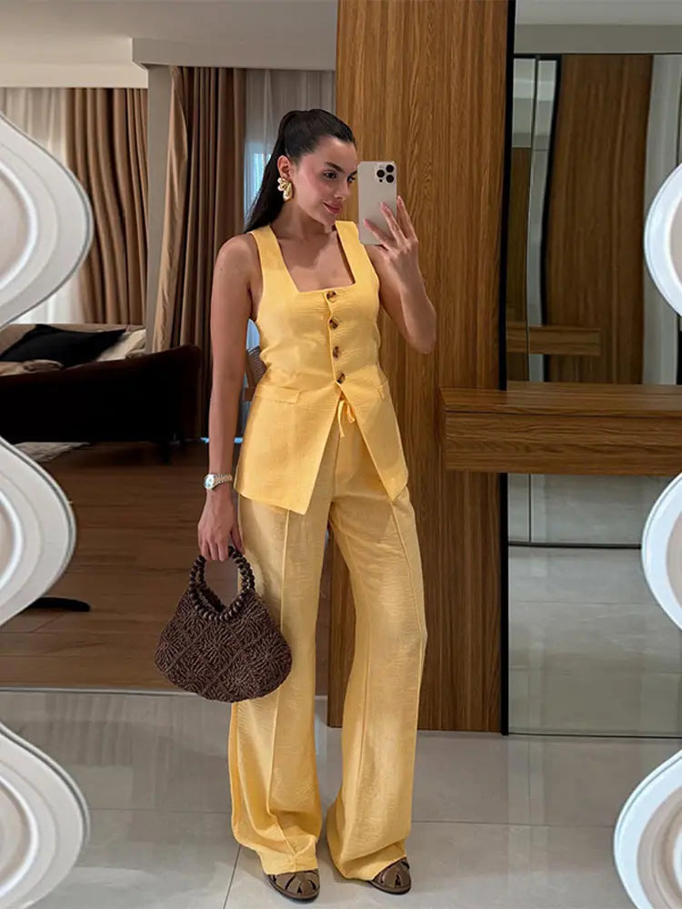 Conjunto Feminino em Linho ''Lime Eleganc” – Moderno, Leve e Sofisticado