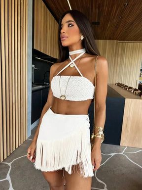 Conjunto Top & Saia Franja Premium – Estilo, Movimento e Elegância para Dias de Sol