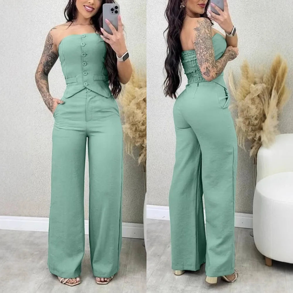 Conjunto Blusa Tomara que Caia e Calça Pantalona Gabrielle