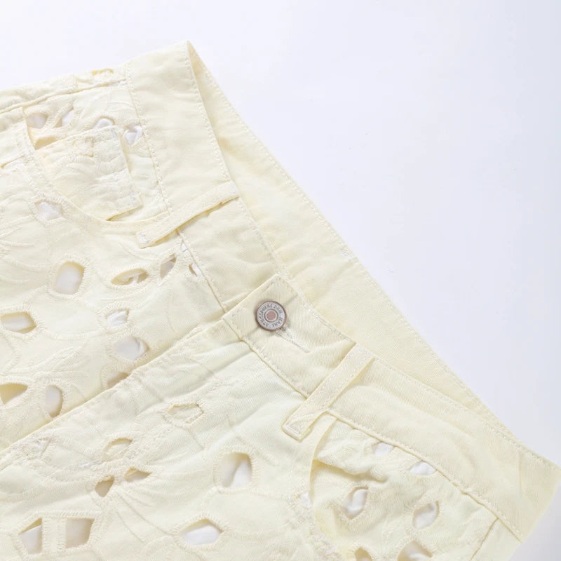 Calça Jeans Floral Bege