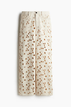 Calça Jeans Floral Bege