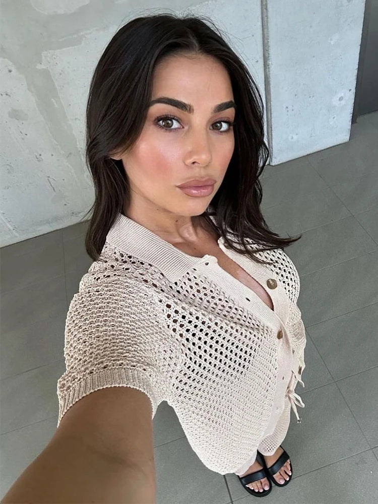 Conjunto de Calça Longa e Blusa Manga Curta em Crochê Julie