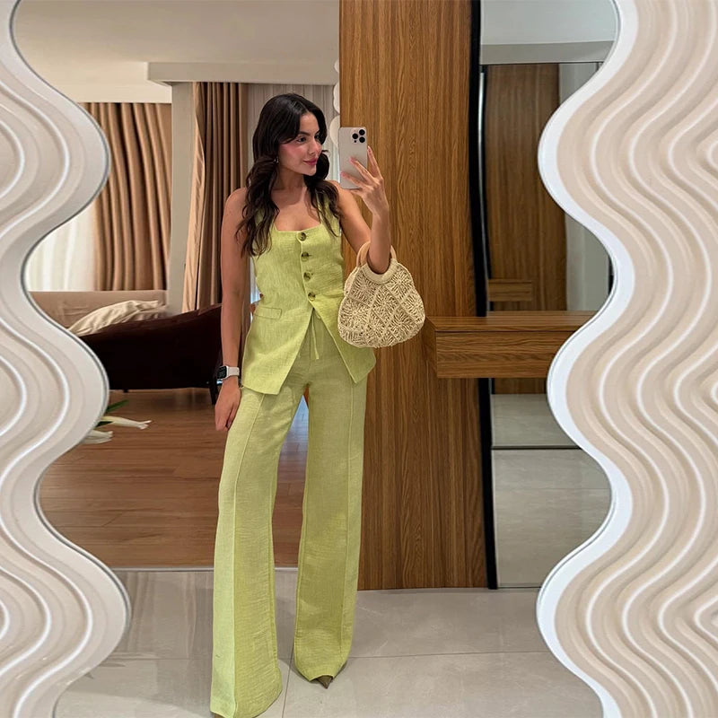 Conjunto Feminino em Linho ''Lime Eleganc” – Moderno, Leve e Sofisticado