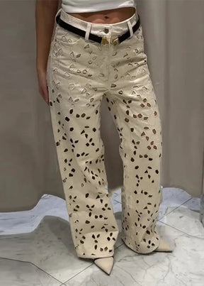 Calça Jeans Floral Bege