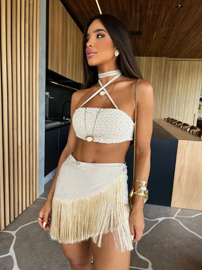 Conjunto Top & Saia Franja Premium – Estilo, Movimento e Elegância para Dias de Sol