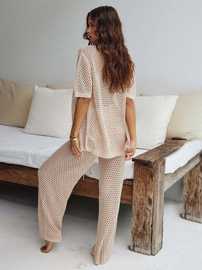 Conjunto de Calça Longa e Blusa Manga Curta em Crochê Julie